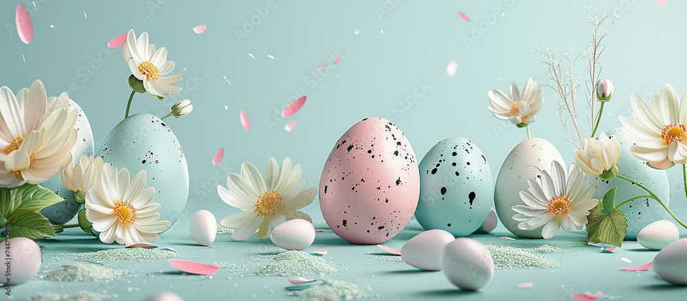 Happy Easter concept with easter eggs in nest and spring flowers. Easter background with copy space. Flat lay,easter banner Happy Easter concept with easter eggs in nest and spring flowers. Easter background with copy space. Flat lay,easter banner