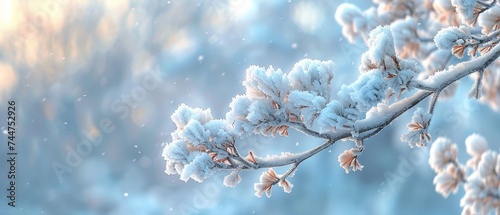 Snow-covered tree branches, close-up shot captures the beauty of winter trees in soft morning light.