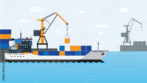 Flat cargo ship in docks. Harbor crane of shipping port loading containers to marine ocean freight vessel boat, worldwide marine industry water transport truck in sea port vector illustration