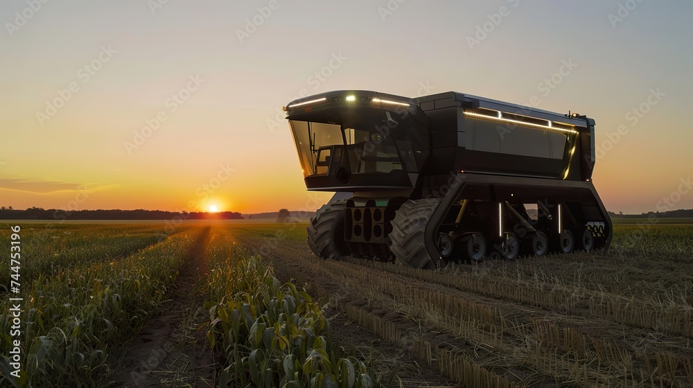 Naklejka premium Smart harvesters at dawn automated picking the future of farming efficiency