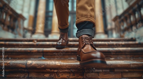 person walking on stairs, brown boots, winter scene, autumn