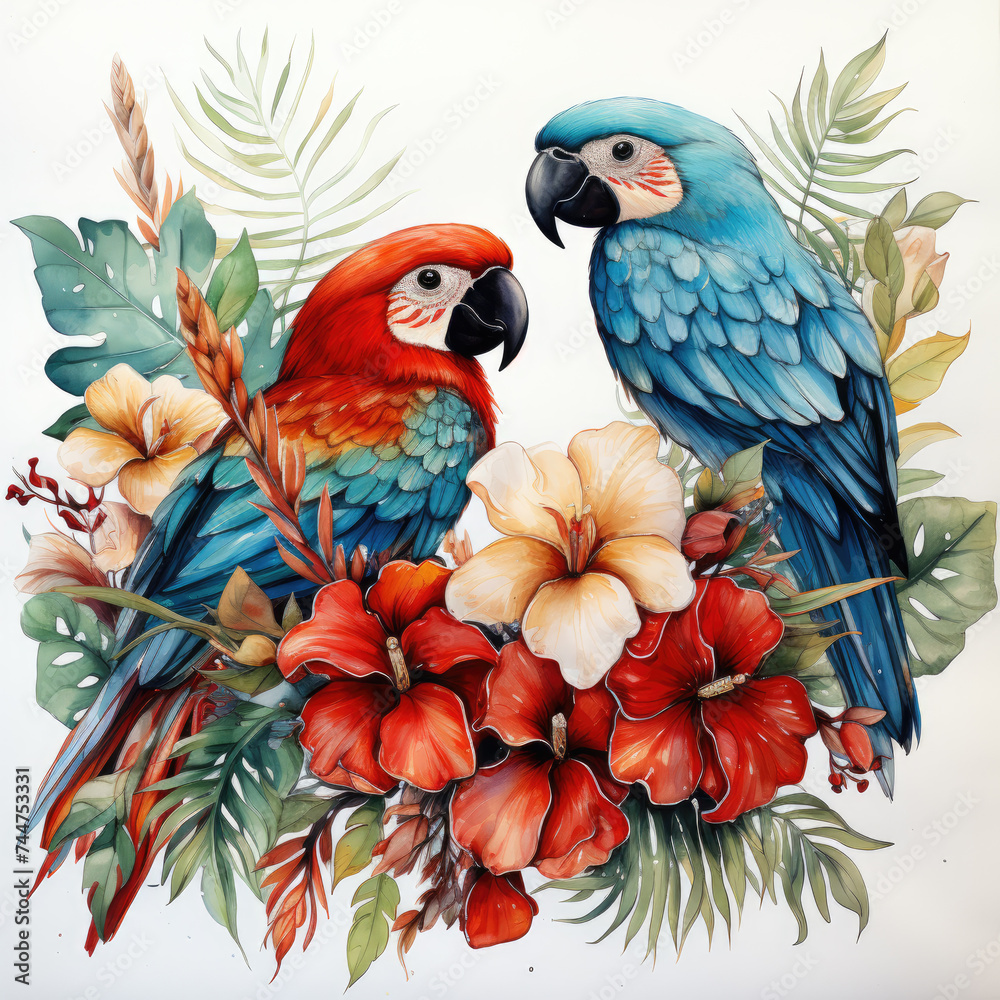 Fototapeta premium watercolor tropical summer frame with birds flower clipart, Generative Ai