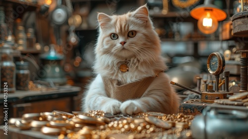  a cat sitting on top of a table next to a pile of gold coins and a clock on a shelf in a room filled with gold coins and other items.