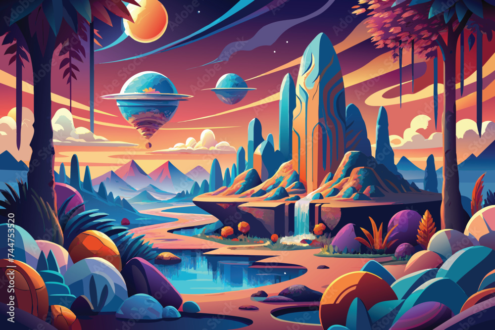 abstract background that resembles a surreal landscape, combining elements of nature, fantasy, and imagination. vector illustration