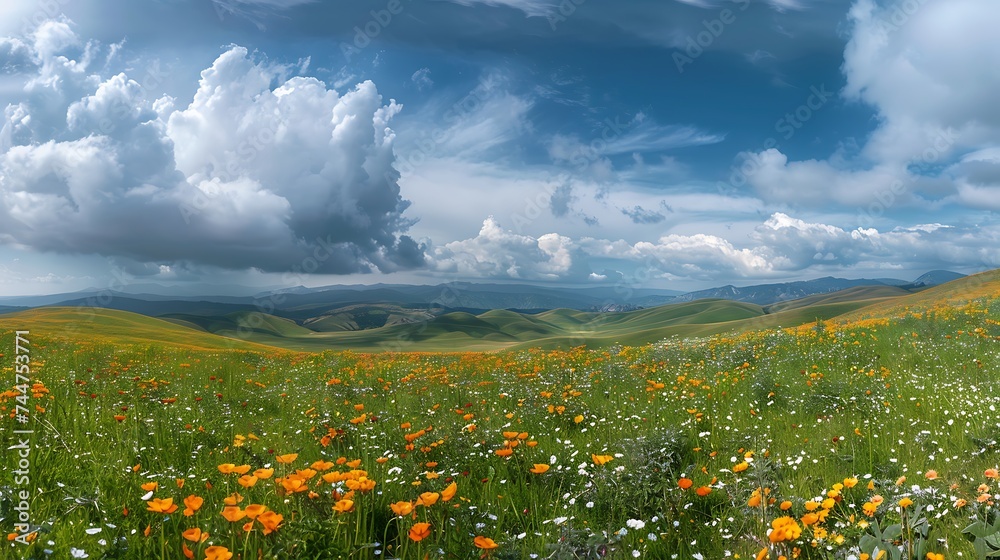 A panoramic view of rolling hills blanketed in wildflowers, under a sprawling, cloud-streaked sky, the essence of spring's expansive beauty, peace, and vibrant life, high resolution, realistic