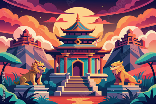 anime style background, a temple with lion statues vector illustration