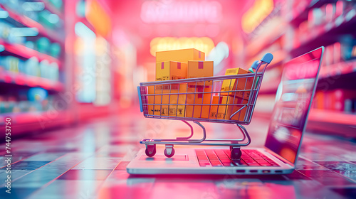 Shopping cart full of boxes on top of laptop computer, Concepts of selling and buying products online photo