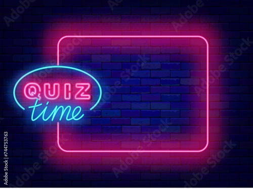 Quiz time neon invitation. Tv show and game. Trivia night banner. Greeting card. Empty pink frame. Vector illustration