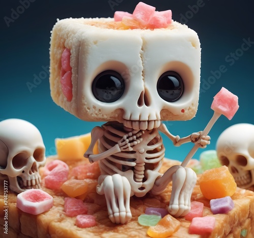 A cool and cartoonish Funko Pop figure of a skeleton standing next to a skeletal companion, showcasing detailed bone and skull designs in a fun and artistic style photo