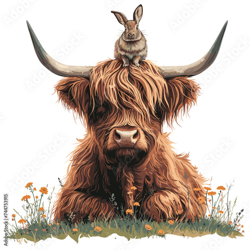 Watercolor Yak and cute bunny, Big brown bull, Yak digital file spring flower isolated on white background.