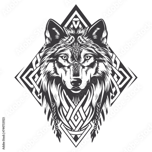 Vector illustration of Viking Wolf head design for Viking Celtic illustration motive tattoo with white background
