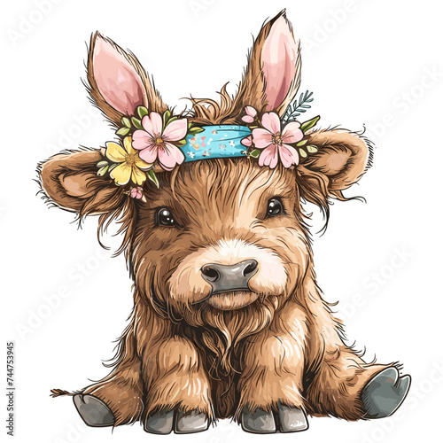 cute highland cow, wearing spring flower crown watercolor easter flowers

