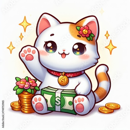 Kawaii lucky cat and money on isolate background. Lucky money charm wallpaper