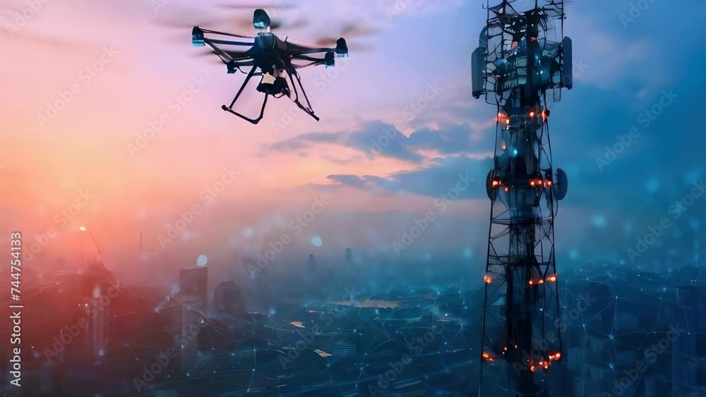 UAV drone flying near 5G cellular antenna during dramatic sunset, communication network. Telecommunication, smart city, Internet of Things