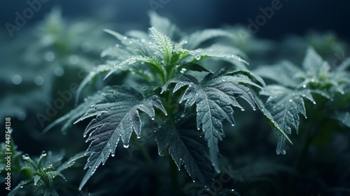 Illegal marijuana planting. cannabis buds with health benefits in morning fog background