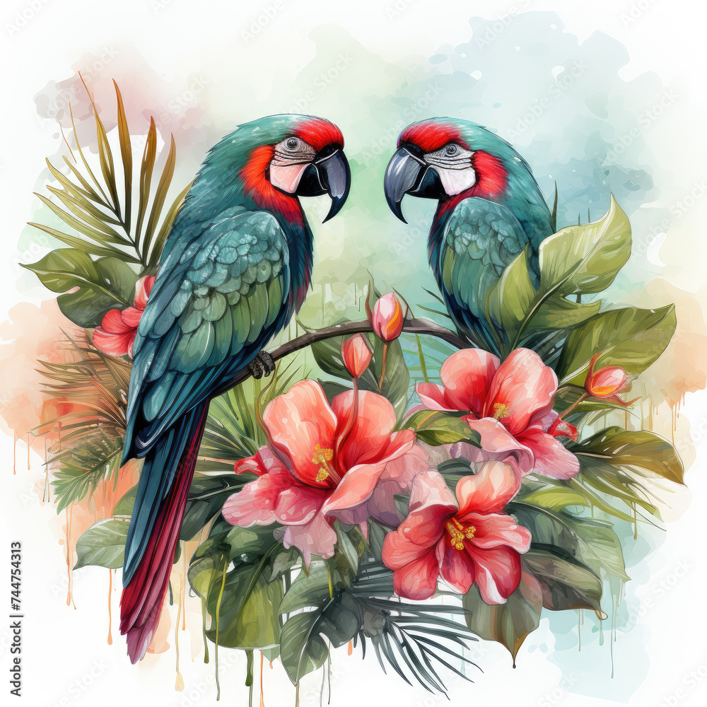 Obraz premium watercolor tropical summer frame with birds flower clipart, Generative Ai