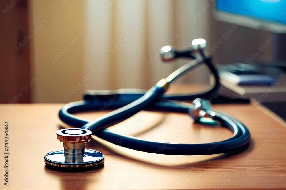 Medical stethoscope lying on table in medical office. Medical stethoscope lying on table in medical office.