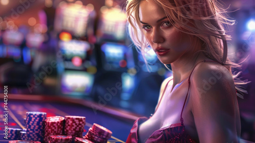 seductive girl in a dress with an open neckline, in a casino near a poker table with chips, against the background of slot machines, nightlife