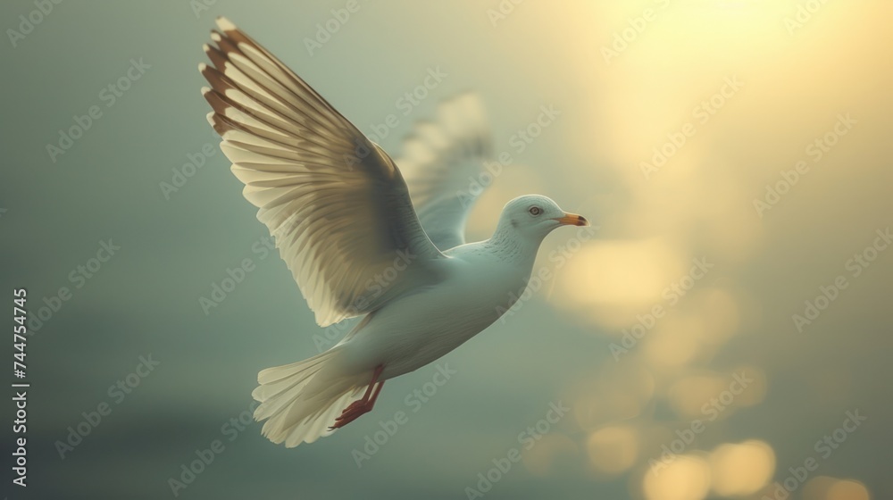 Obraz premium a white bird flying in the air with it's wings spread and it's head turned to the side, with the sun shining in the back of the background.