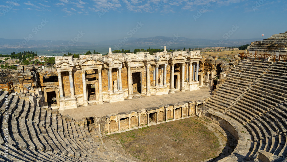 Amphitheater in ancient city Hierapolis or Holy City near of Pamukkale or Cotton Castle. Phrygian cult center