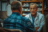 A focused doctor discusses healthcare with a patient in a clinic setting.