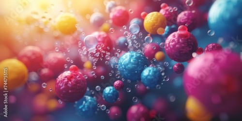 Colorful abstract particles in motion, potentially representing atoms, molecules, or pharmaceutical compounds in a scientific or medical context photo