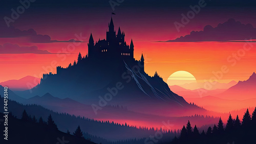 Dramatic red sunset in mountains. Silhouettes of mountains, castle and trees. Vector style illustration