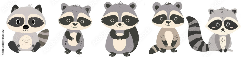 Obraz premium Adorable cartoon raccoon with a playful wink and a Collection of cute cartoon raccoons in various poses, ideal for children's books, wildlife education, and character design.
