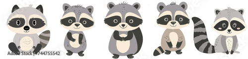 Adorable cartoon raccoon with a playful wink and a Collection of cute cartoon raccoons in various poses  ideal for children s books  wildlife education  and character design.