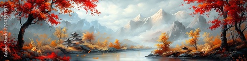 Panoramic Painting of Majestic Mountains with Autumn Trees and Reflective Lake Creating a Peaceful Scene
