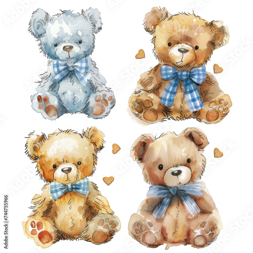 Watercolor teddy bears with bows, on a clean white background. Perfect for children's themes, toys, and nursery decor.