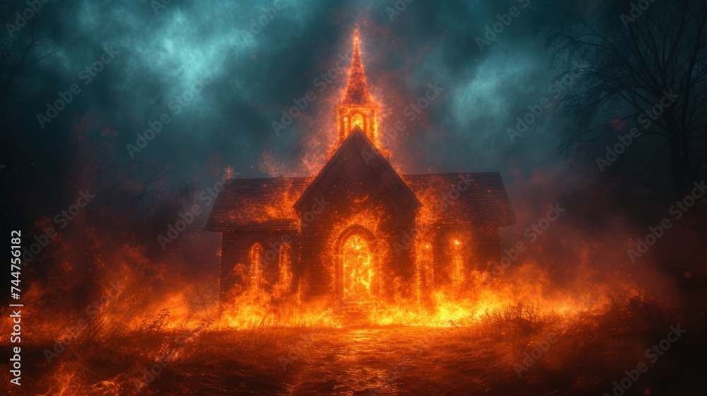  a church that is on fire in the middle of the night with a lot of smoke coming out of the front of it and a dark sky filled with clouds. - obrazy, fototapety, plakaty 
