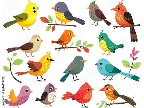 Assortment of colorful  stylized birds  perfect for use in educational materials  graphic designs  and children s books.
