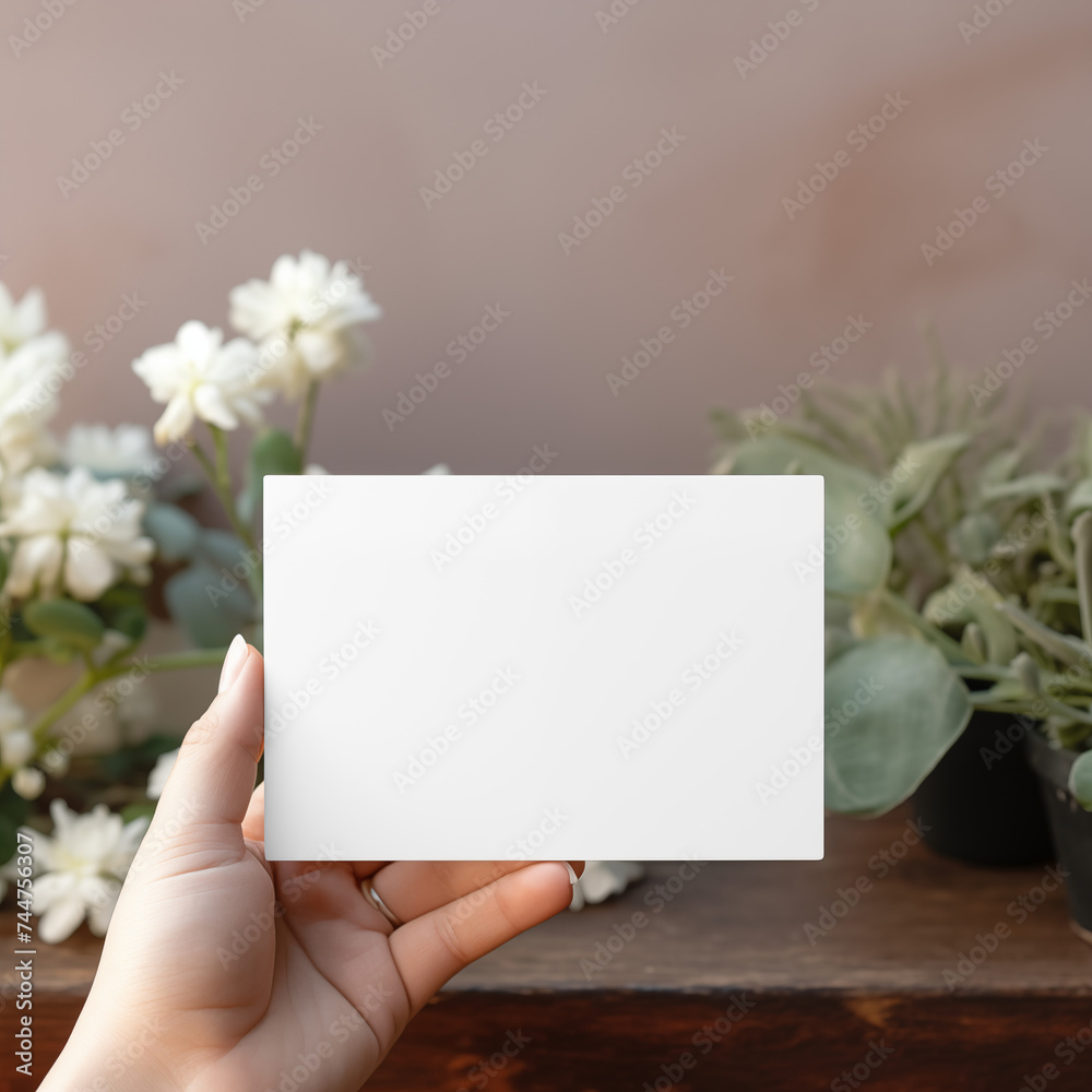 White greeting card with flower in hand, copy space thank you card White greeting card with flower in hand, copy space thank you card