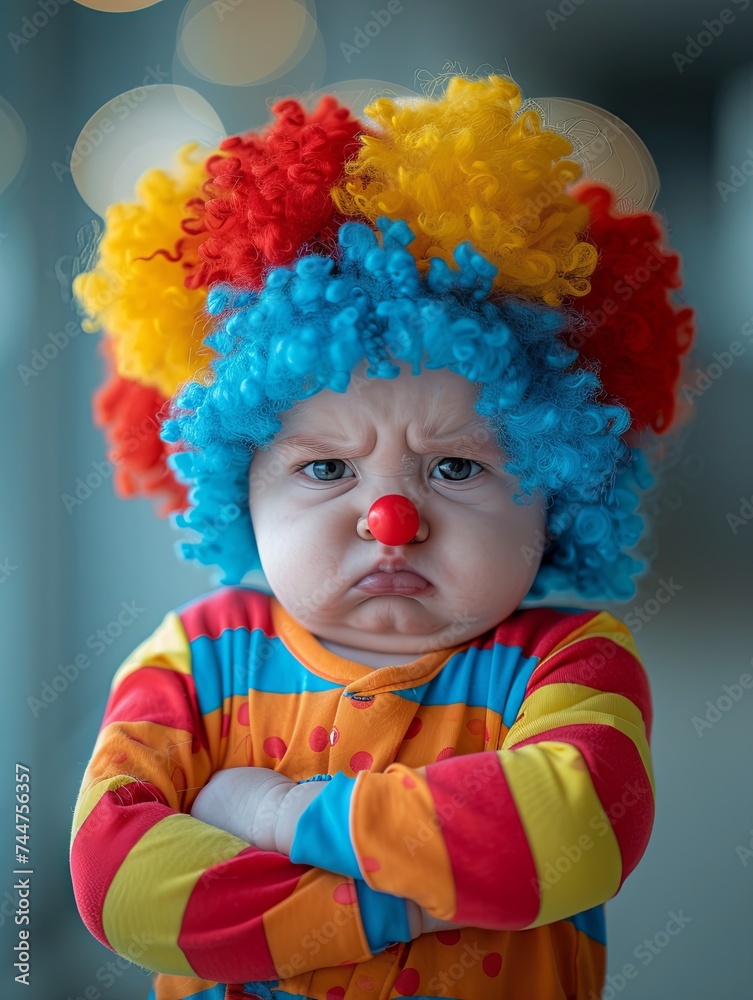 A baby with a stern expression wearing a vibrant, multicolored knitted hat and sweater against a warm yellow background.