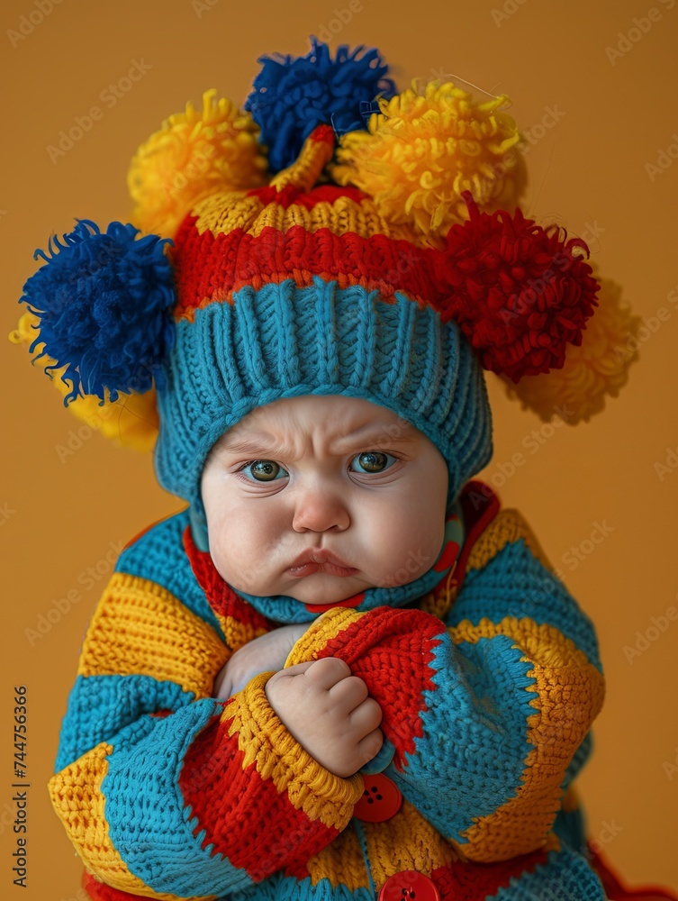 A baby with a stern expression wearing a vibrant, multicolored knitted hat and sweater against a warm yellow background. A baby with a stern expression wearing a vibrant, multicolored knitted hat and sweater against a warm yellow background.