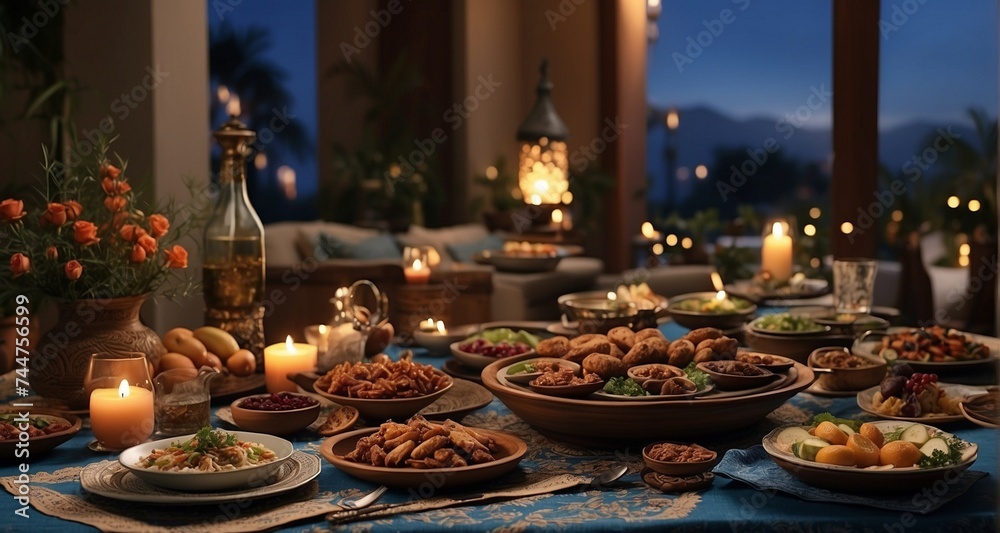 Create an ultra-realistic image of a sahur dining setup, capturing the predawn serenity with carefully arranged traditional foods, a softly lit ambiance, and details like dates, water-Ai Generative