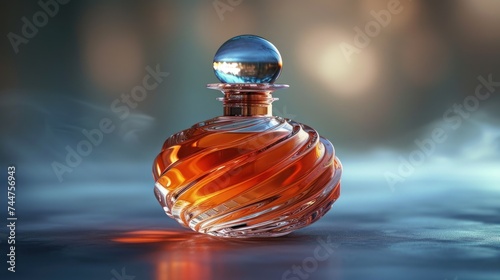  a close up of a bottle of perfume on a table with a reflection of the bottle on the floor and the bottle in the middle of the photo with a blurry background.