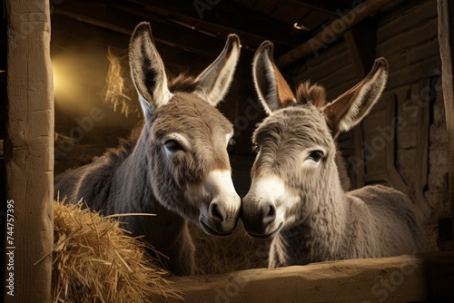 Two donkeys in a stable at night. Shallow depth of field photo