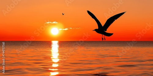 Sunset Silhouette of a Seagull Flying over Calm Sea with Reflection of the Sun on Water