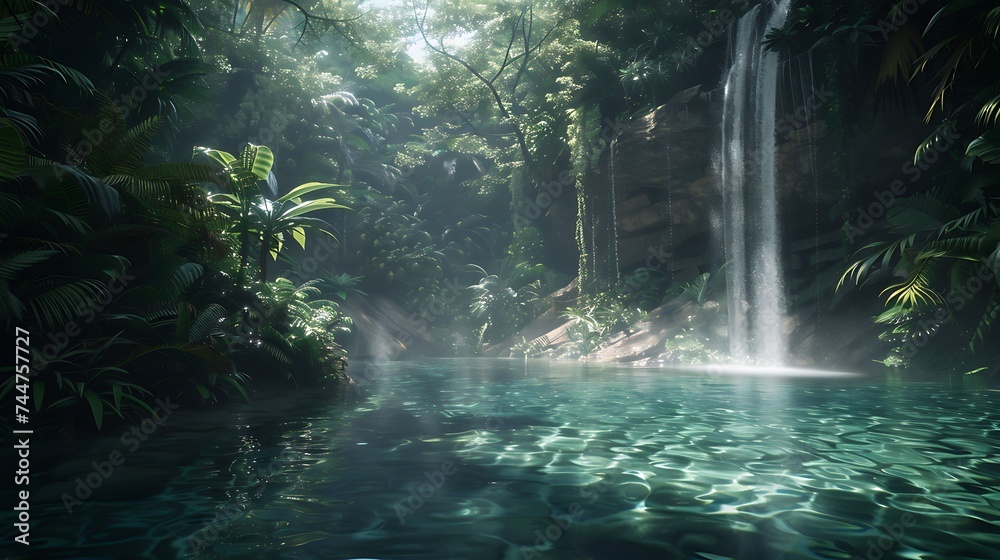 A secluded waterfall oasis, hidden within a lush tropical forest, water cascading down into a crystal-clear pool, capturing the untouched beauty and serenity of nature's hidden gems, high resolution