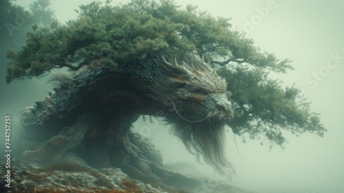  a tree in the middle of a forest with a dragon face on it's head and branches sticking out of the top of the tree, on a foggy day. photo