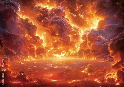 Burning Horizon, Intense Clouds Illuminating the Sky Above a Calm Sea, Vibrant Red and Orange Hues Depicting a Fiery World