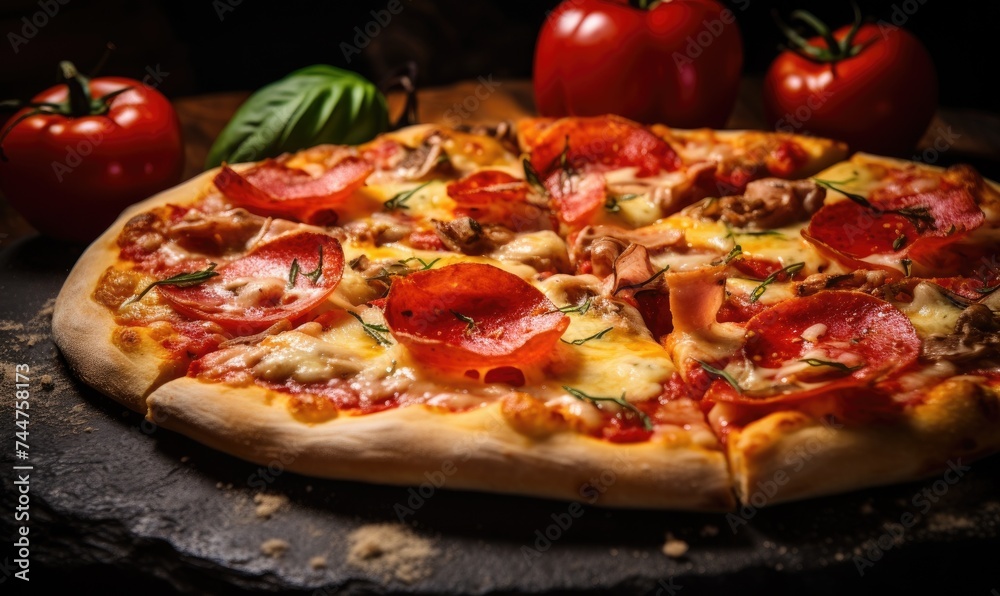 A traditional delicious italian pizza on wooden board, close up.