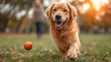  a close up of a dog running with a ball in the foreground and a person in the background with a dog on the other side of the ball in the grass.