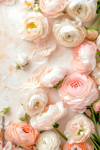 Background with white and pink flowers for greeting card design. Postcard for International Women s Day and Mother s Day. Banner.