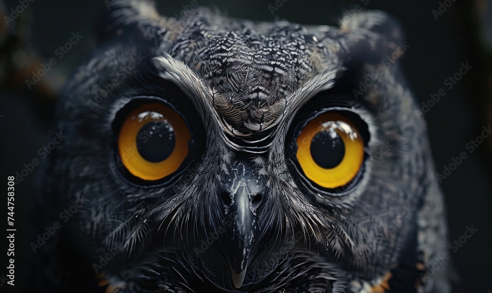 bird, owl, animal, closeup, eye, portrait, nature, wild, wildlife, background. close up portrait of beautiful colorful owl with colorful feathers and eye yellow in dark background Generative via AI. bird, owl, animal, closeup, eye, portrait, nature, wild, wildlife, background. close up portrait of beautiful colorful owl with colorful feathers and eye yellow in dark background Generative via AI.