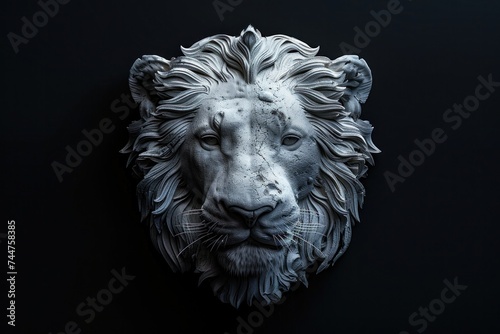 animal, nature, predator, wild, wildlife, ai, background, hunter, jungle, abstract. close up statue portrait of lion in dramatic against black background with enigmatic intense expression via Gen AI.