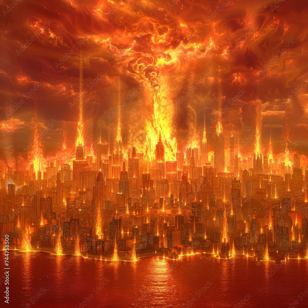 Apocalyptic Vision of City Under Attack from Celestial Firestorm, Science Fiction Concept of Urban Destruction, Dramatic and Intense Fantasy Catastrophe