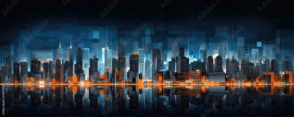 Futuristic smart city interface wallpaper in blue and orange lights.